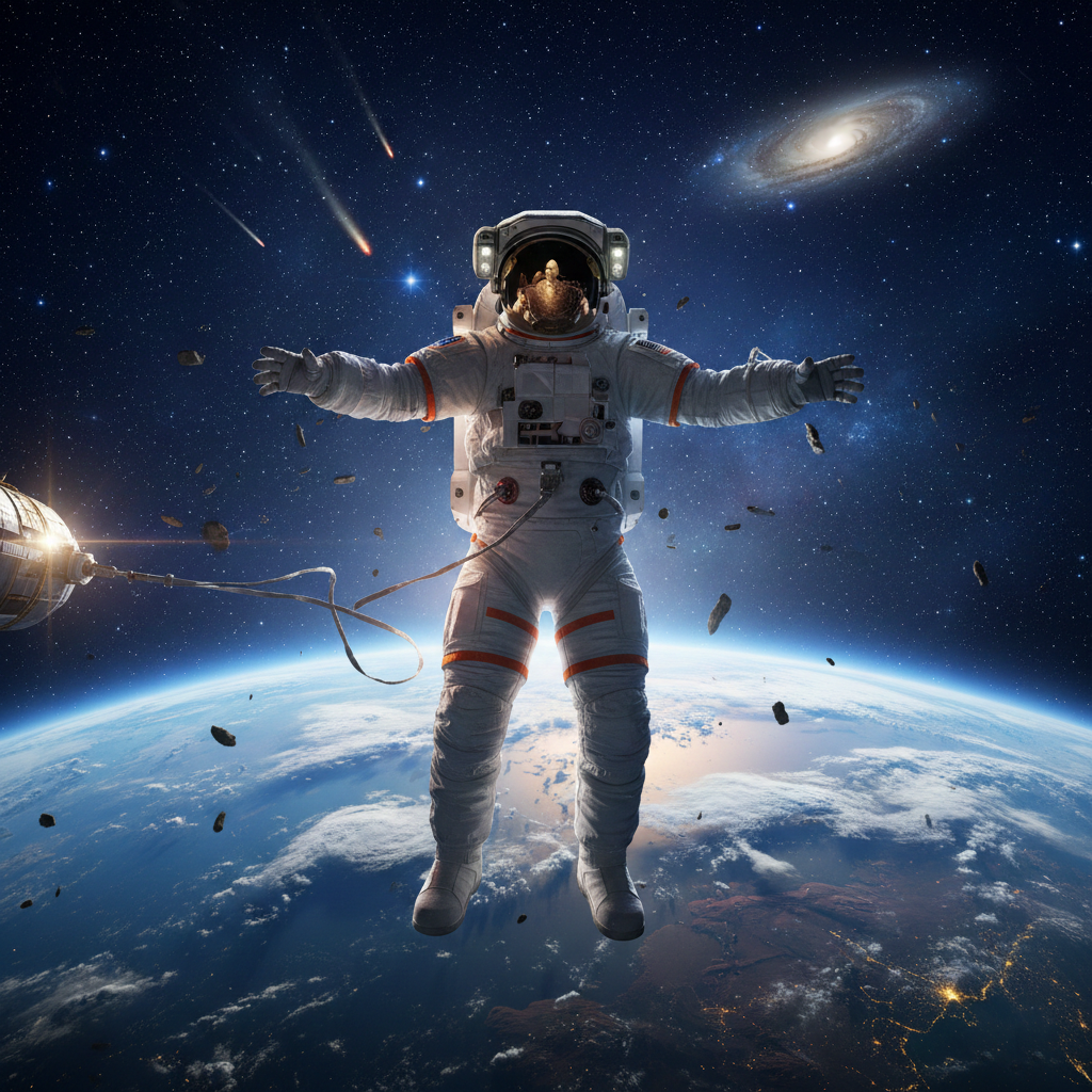 Illustrative astronaut floating above Earth against a deep blue galaxy