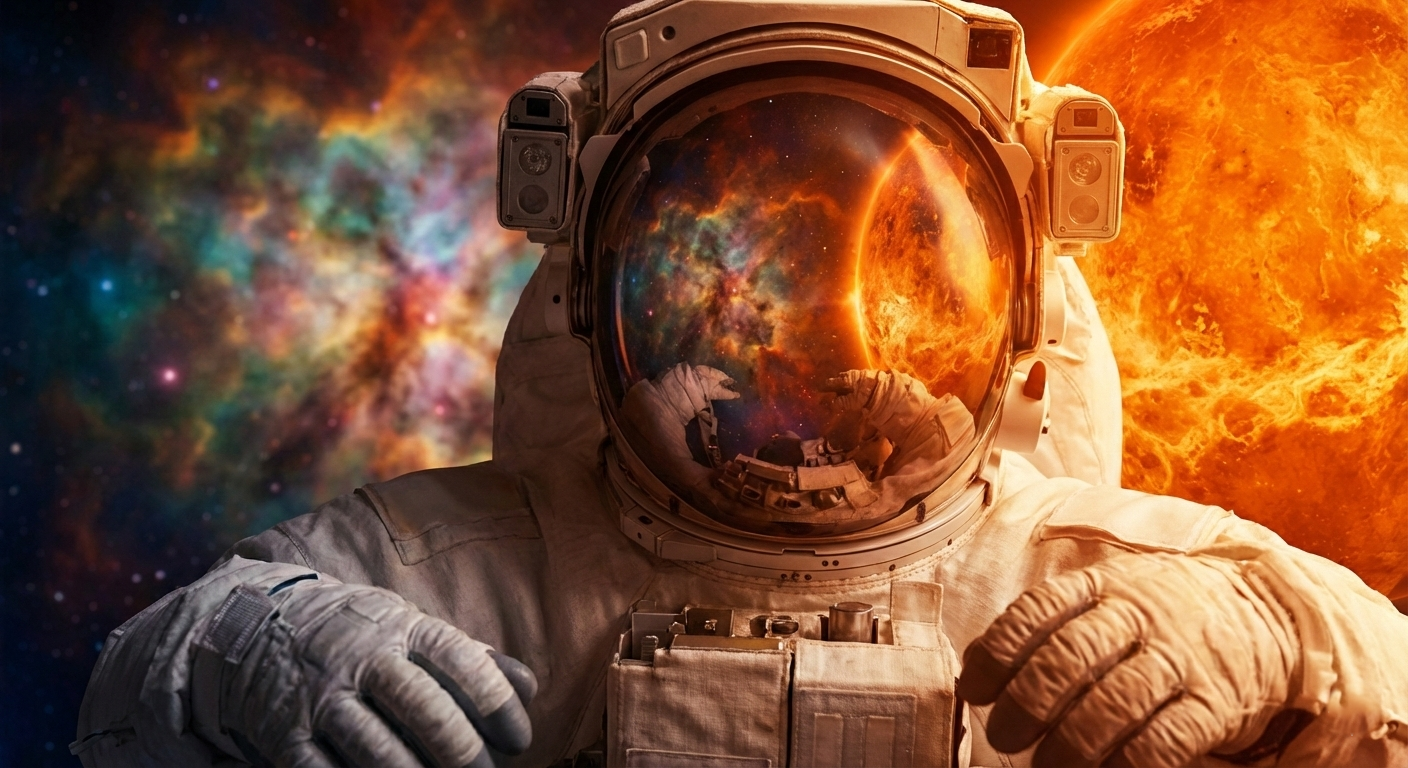 Illustrative close-up of an astronaut with orange cosmic light reflected in the visor
